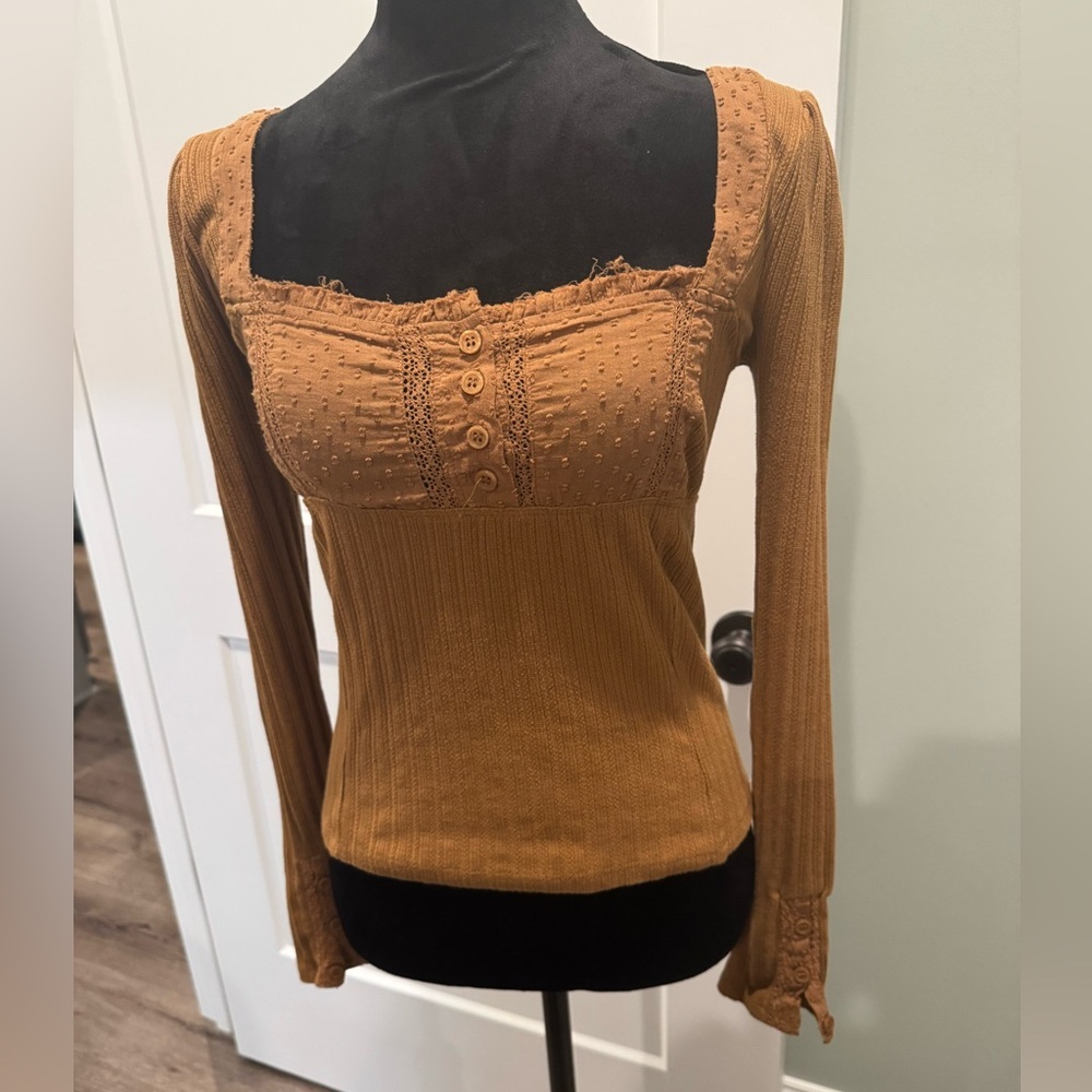 Free People Mustard Long Sleeve Blouse